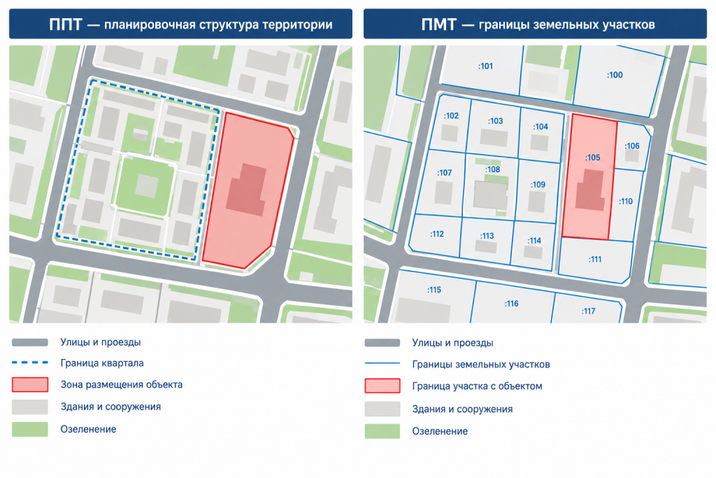 ППТ отвечает за планировочную организацию территории, ПМТ — за границы земельных участков.